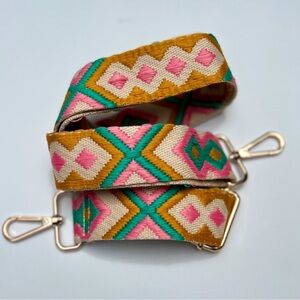 Geometric Embroidered Teal Pink Mustard Crossbody Guitar Purse Strap, Gold Metal